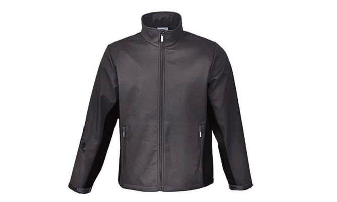 A black men's soft shell jacket with a zip front and high collar, featuring side pockets and a logo.