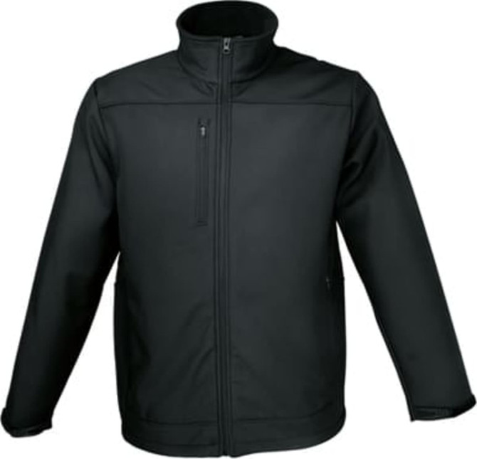 A soft shell jacket in black with a zippered front and a high collar. It features a logo on the side.