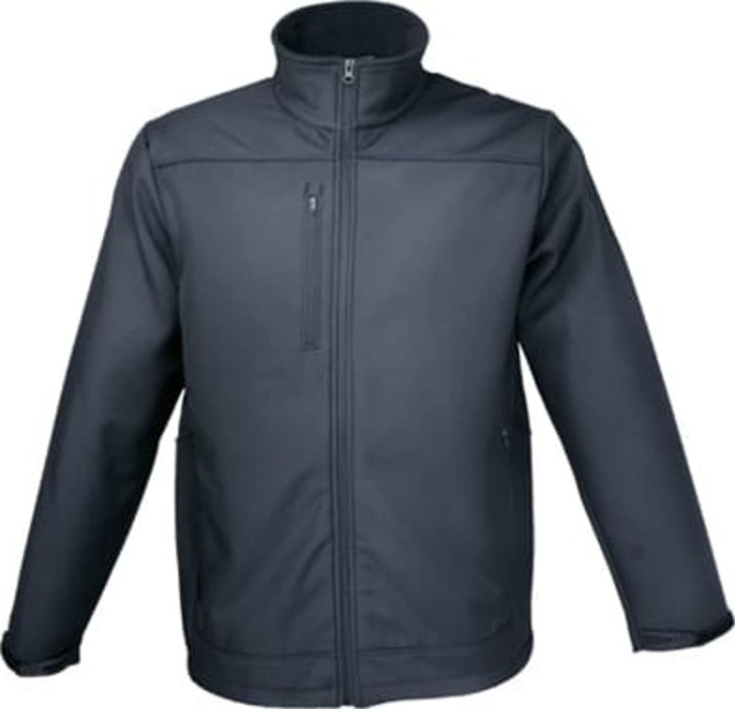 A soft-shell jacket in black with a zippered front and a stand-up collar, featuring a logo on the chest.