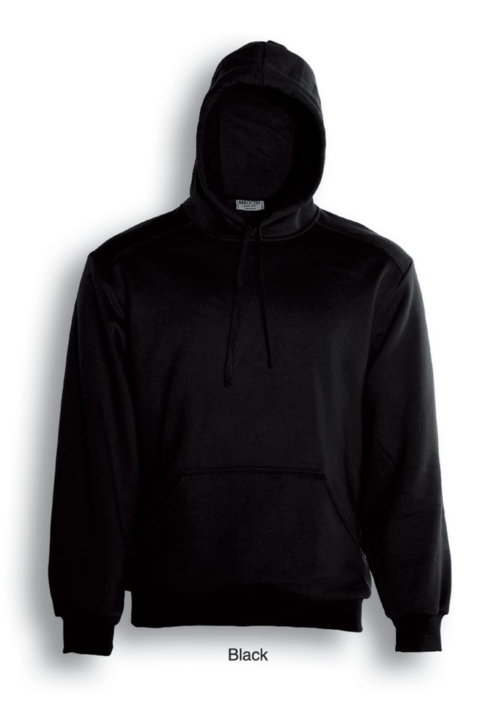 A black unisex pull-over hoodie featuring a hood and a front pocket, with a branding logo.