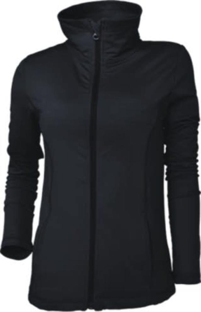A black kids yoga jacket with a high collar and zip closure, featuring long sleeves and a fitted design.