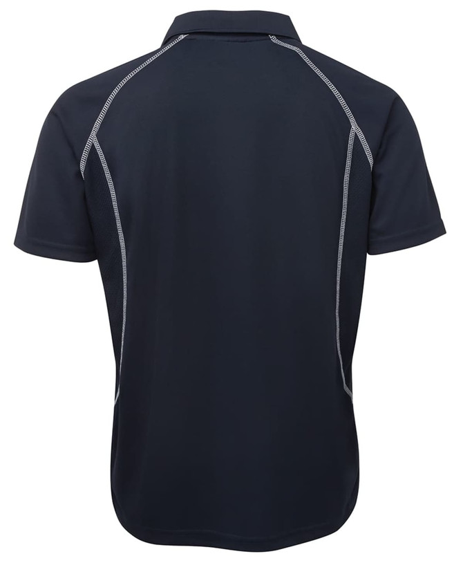 A navy polo shirt featuring a sporty design with contrasting stitching and a logo at the back.