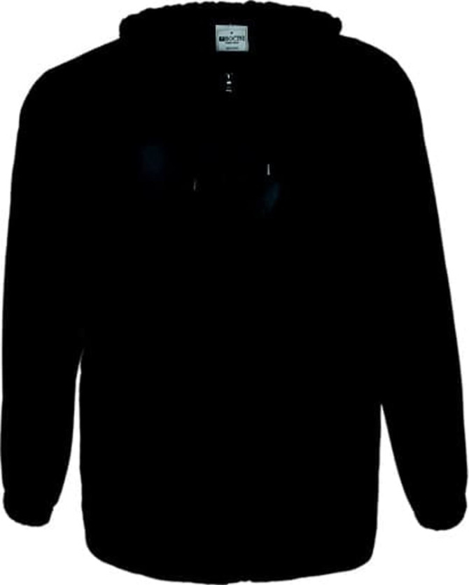 A black wet weather jacket with a hood, featuring a front pocket and a logo. Suitable for rainy conditions.