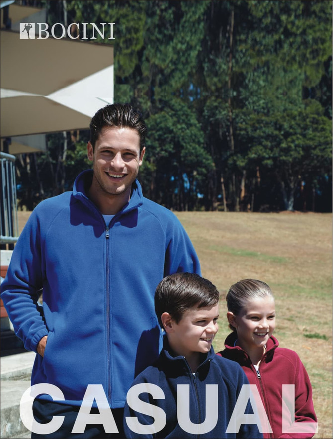 A group of individuals wearing unisex polar fleece zip-through jackets in blue and burgundy, with a logo visible.