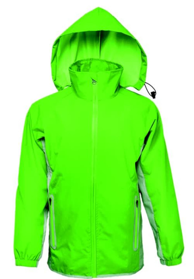 A bright green reflective wet weather jacket with a hood and zippered front. It features side pockets and has a logo.