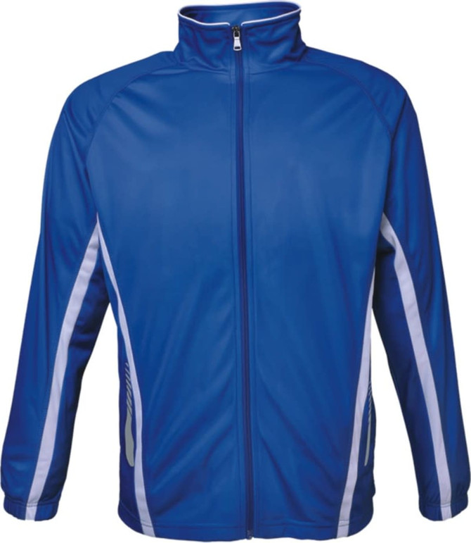 A blue track jacket featuring white stripes and a zipper, with a logo on the chest.