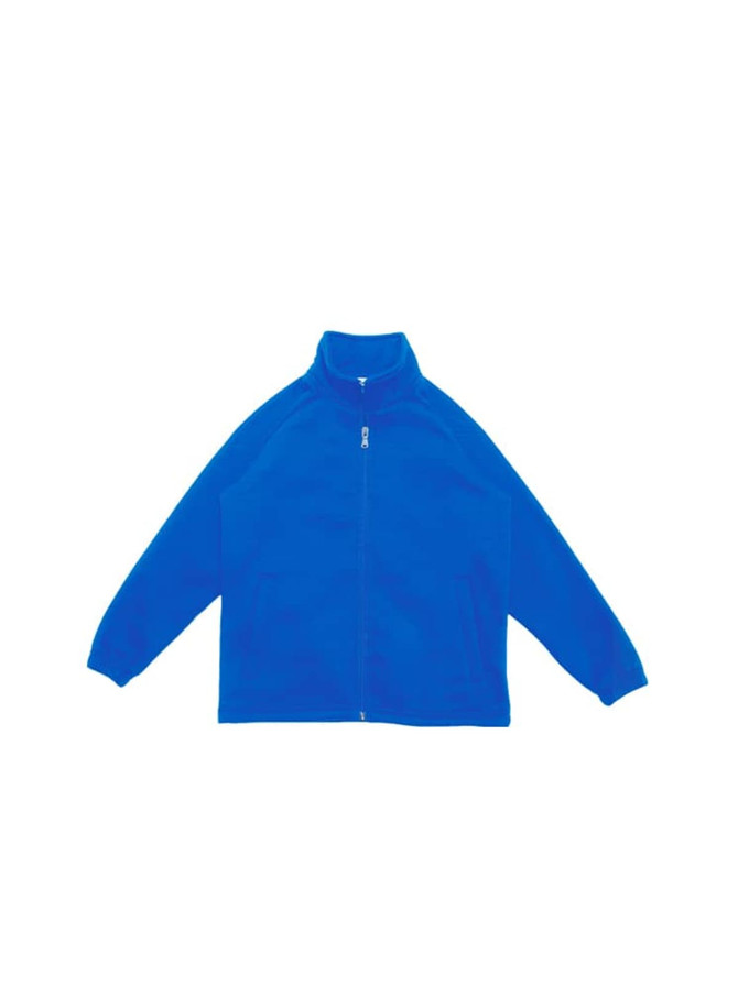 A blue poly/cotton fleece zip-through jacket with long sleeves and a collar. It includes a logo.