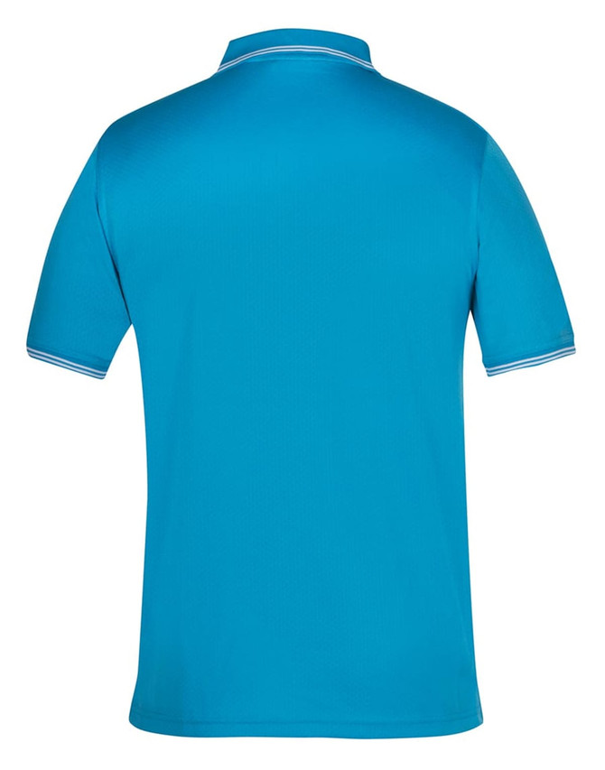 A blue polo shirt featuring a contrast collar and sleeves, with a branding logo.
