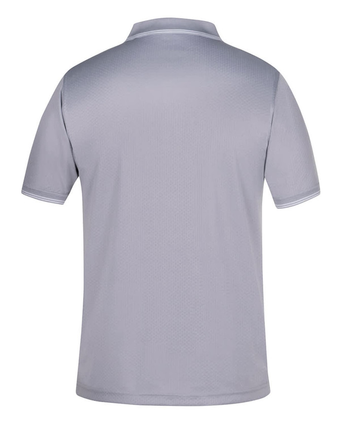 A grey polo shirt with contrasting details and a logo on the back. Short sleeves and a classic collar design.