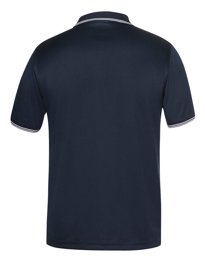 A navy polo shirt with contrasting stripes on the collar and sleeves, featuring a logo.
