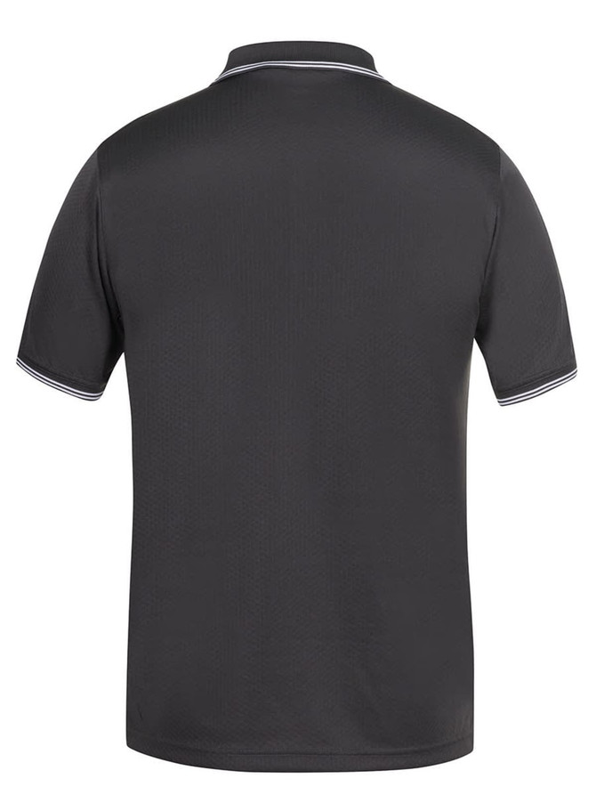 A dark grey polo shirt with contrasting white trim, featuring a logo on the collar.
