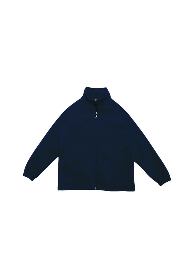 A navy unisex poly/cotton fleece zip-through jacket displayed against a white background.