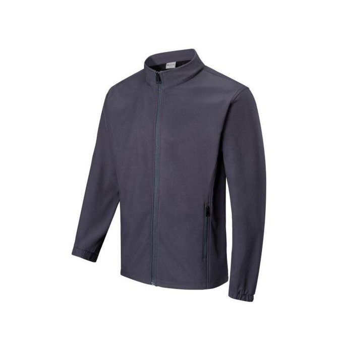 A grey kids' softshell jacket featuring a zip front, long sleeves, and side pockets. It has a logo on it.