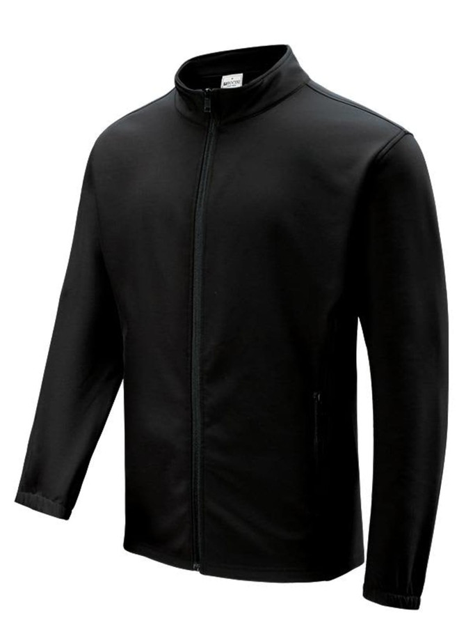 A black ladies softshell jacket with a full zip and side pockets, featuring a collar and a logo.