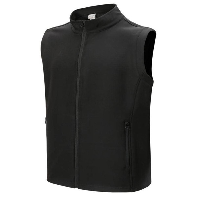 A black men's softshell vest with a high collar and two zippered pockets. It features a logo on the front.