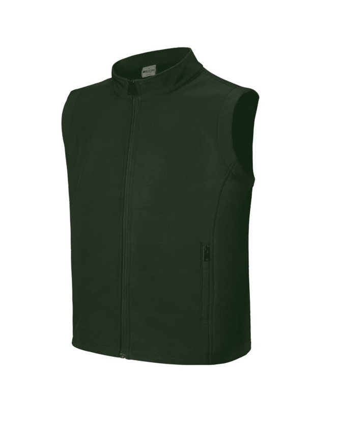 A dark green softshell vest with a zip closure and pockets, featuring a logo on the front.