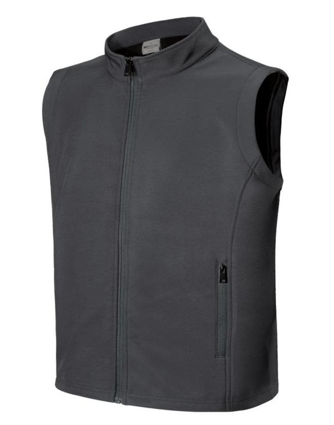A grey men's softshell vest with a zip front and side pockets, featuring a branding logo.