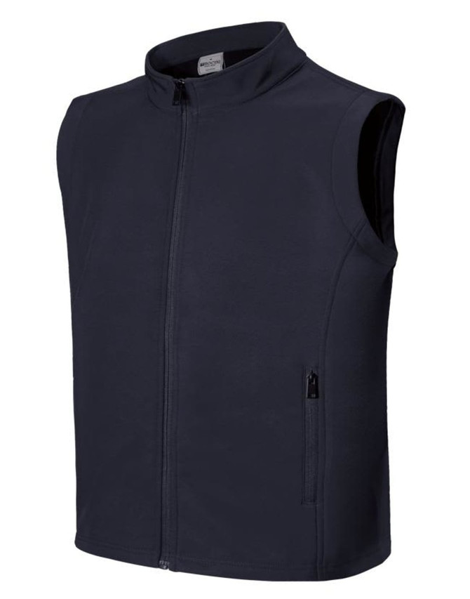 A black softshell vest with a zip front and two side pockets, featuring a logo on the label.