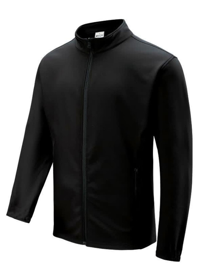 A black men's softshell jacket with a zip front and adjustable cuffs, featuring side pockets and a logo.