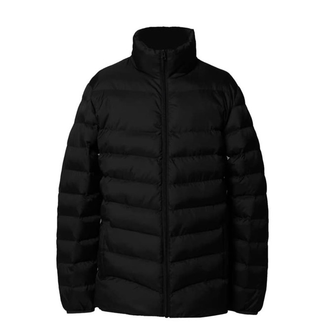 A puffer jacket in black featuring a high collar and a zip-up front, with a quilted design for warmth.