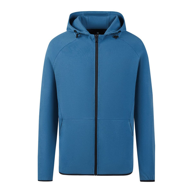 A blue zipped hoodie with a hood and a front zipper, featuring a logo on the chest area.