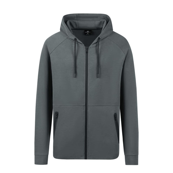 A grey zipped hoodie with a hood, featuring two front pockets and a logo on the chest.