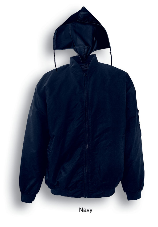 A navy unisex flying jacket with a hood and zip closure, featuring a logo on the sleeve.