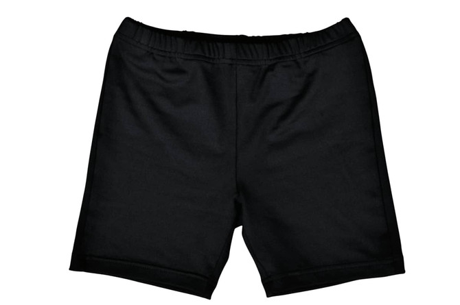 Black gym shorts for kids featuring an elastic waistband and no visible logos.