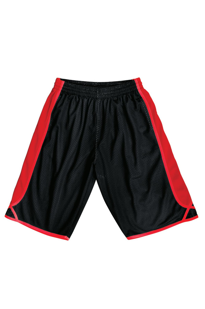 Black basketball shorts with red side accents, featuring an elastic waistband and a logo. Suitable for kids.