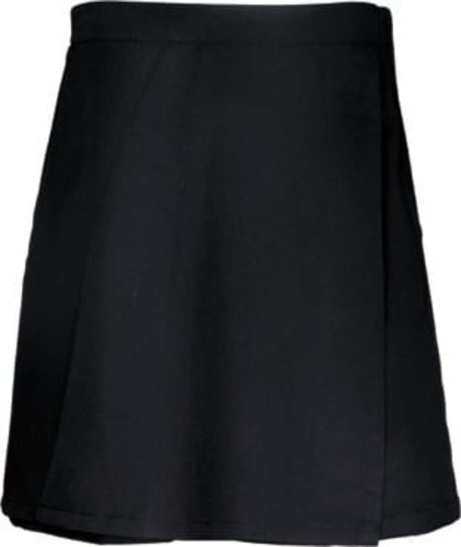 A black girls' school skort featuring a pleated design. The product has a logo on it.