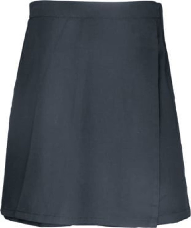 A black school skort with a pleated design, featuring a simple cut and stitching details. It has a branding logo.
