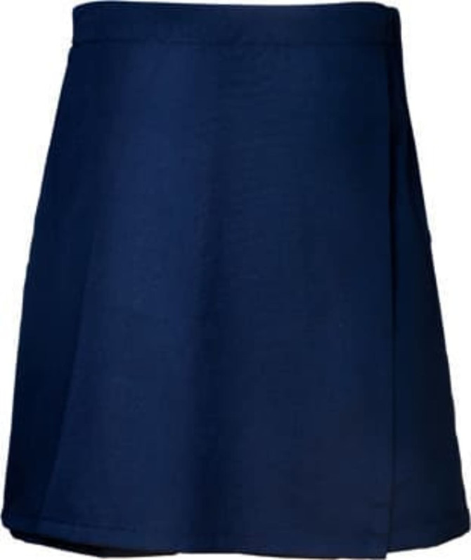 A navy blue skort with a pleated design, featuring an elastic waistband and a logo. Suitable for school wear.