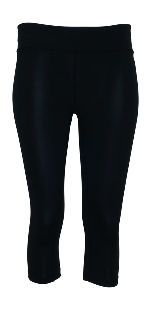 High-waisted black 3/4 length gym tights for kids, featuring a smooth, sleek design and a waistband.