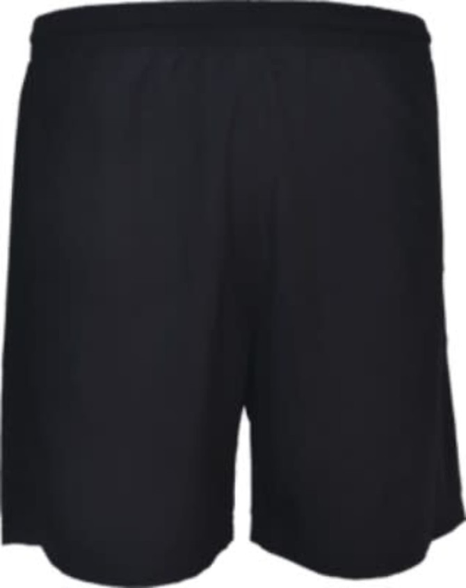 Black woven running shorts for kids, featuring an elastic waistband and a logo. Suitable for sports activities.