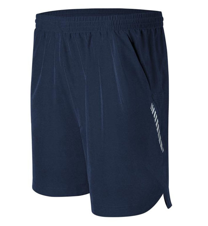 Men's running shorts in navy blue with an elastic waistband and side pockets, featuring a striped design.