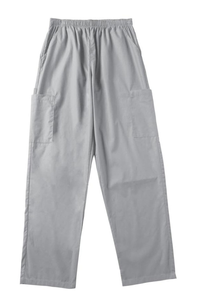 Light grey ladies' scrub pants with an elastic waistband and side pockets, featuring a simple design and casual fit.
