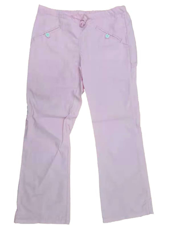 Ladies' scrub pants in light pink, featuring front pockets and a drawstring waist. Includes a logo on the design.