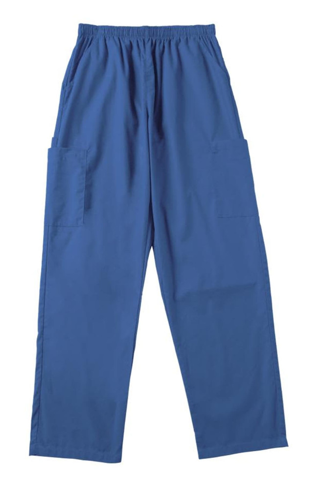 Blue scrub pants featuring an elastic waistband and two side pockets, with a logo present on the garment.