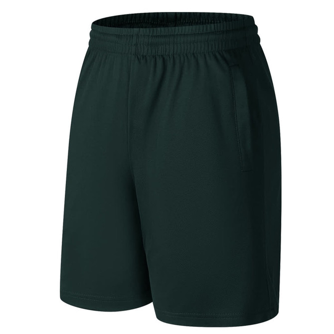 A pair of dark green sports shorts featuring an elastic waistband and side pockets. Includes a logo.