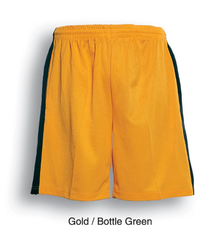 Unisex adults soccer panel shorts in gold with bottle green sides; features a logo on the design.