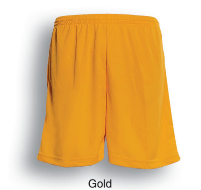 Gold unisex adults football shorts with an elastic waistband and loose fit, featuring a logo.
