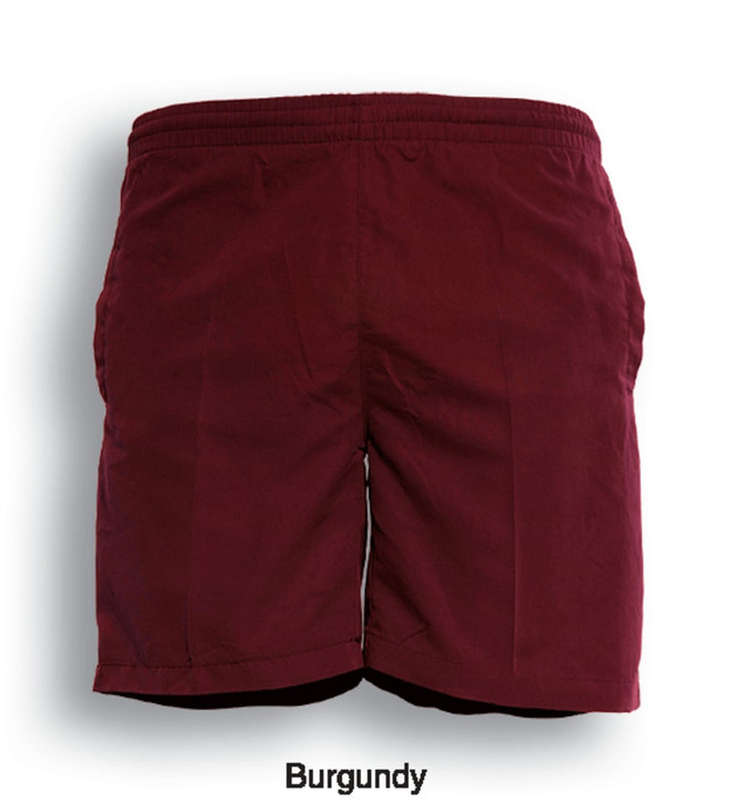 Burgundy kids' microfibre sports shorts with an elastic waistband and a simple design.