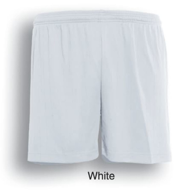 White unisex sports shorts with an elastic waistband and a simple design, featuring a branding logo.