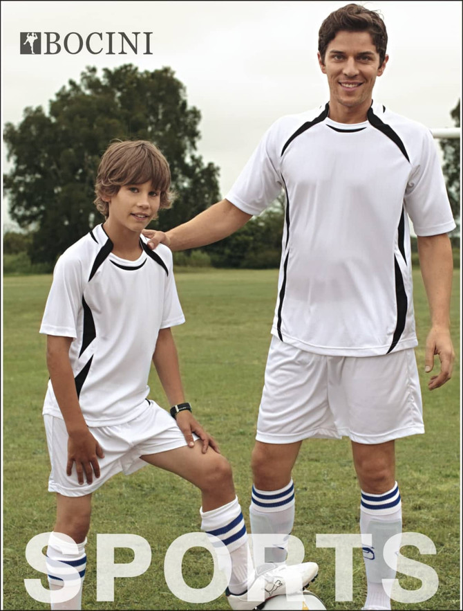 A pair of unisex white sports shorts worn by a male adult and a young boy, featuring black accents and a logo.