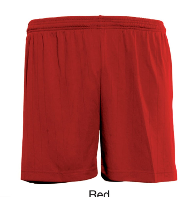 Red plain sports shorts with an elastic waistband, featuring a logo on the side. Ideal for kids' activities.