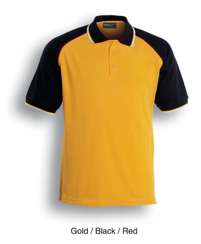 A three-tone polo shirt in gold, black, and red featuring a collar and a logo.