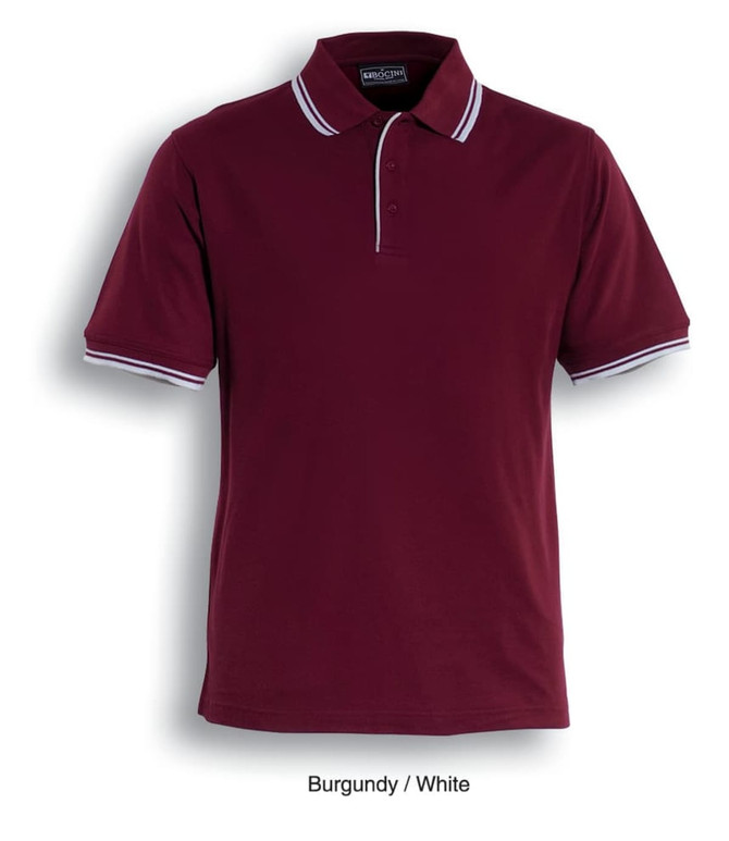 A burgundy polo shirt with white double stripes and a logo on the chest. Features a classic collar and buttons.