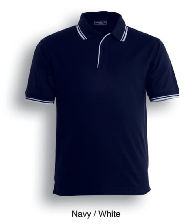 A navy and white double striped unisex polo shirt displayed front-facing, featuring a collar and logo.