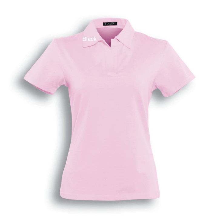 A pink ladies cotton spandex polo shirt with a collar and short sleeves, featuring a logo.