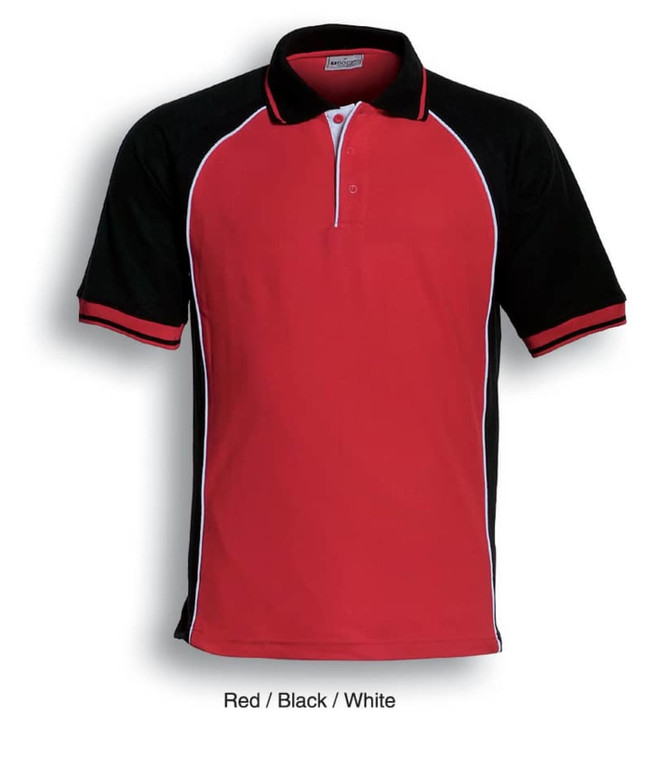 A red, black, and white polo shirt featuring a logo and contrast detailing on the sleeves and collar.
